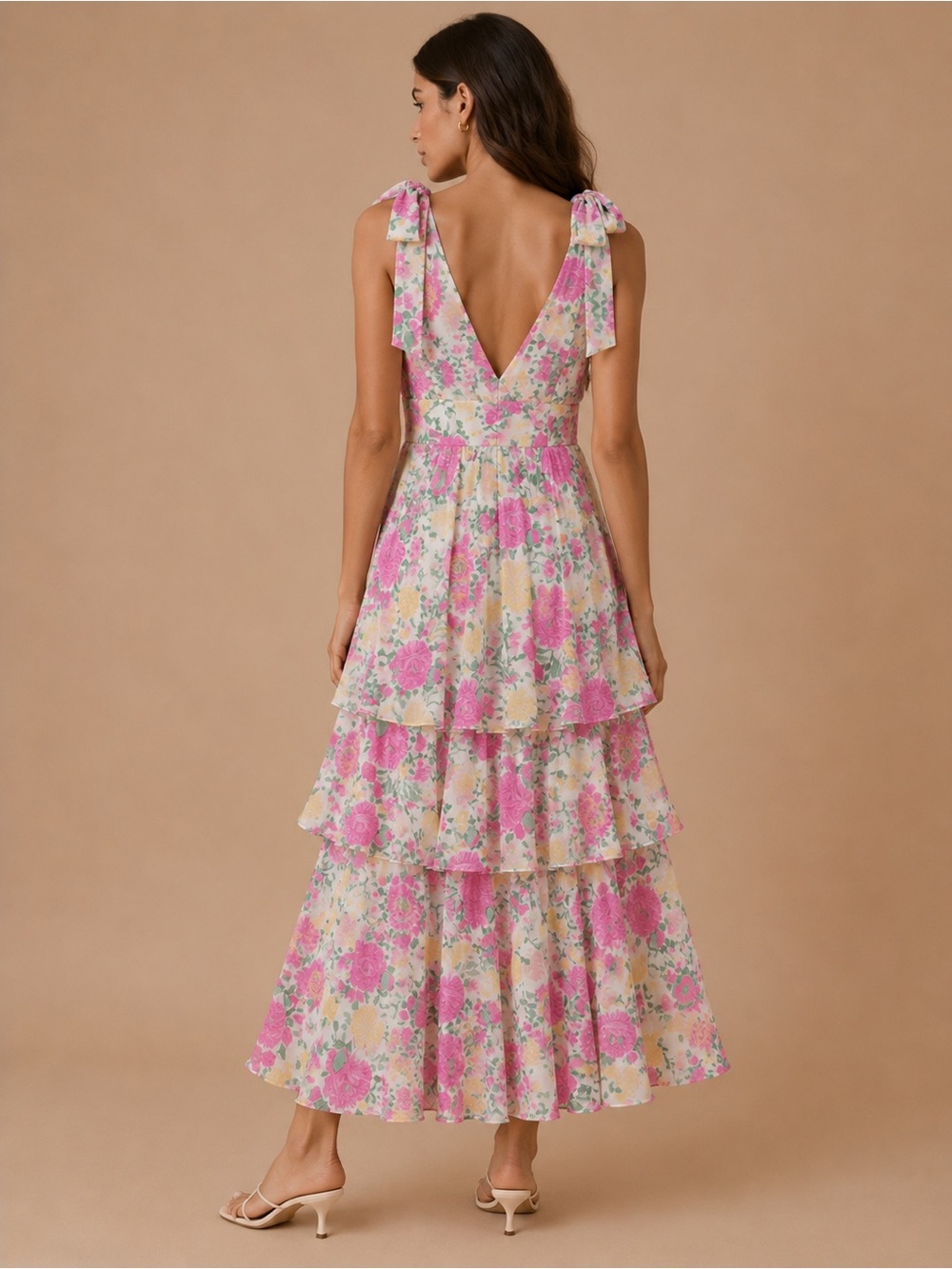 WAYF Floral Tiered Maxi Dress with Tie-Strap Shoulders - Pink Floral Size Medium - Picture 2 of 5